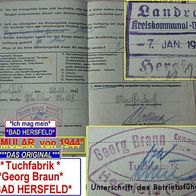 Hersfeld * Antragsformular v. Fa. Tuchfabrik Braun + Stempel + Unterschrift v.1943/44