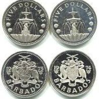 2x 5 Dollars Barbados 1974 und 1975, je 31,10 Gramm 800er Silber . .##723