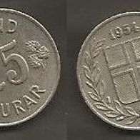 Münze Island: 25 Aurar 1954