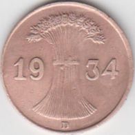 Deutsches Reich 1 Pfennig 1934 D aus dem Umlauf