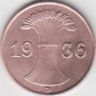 Deutsches Reich 1 Pfennig 1936 D Ähre aus dem Umlauf