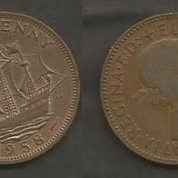 Münze Großbritanien: 0,5 oder 1/2 Penny 1958