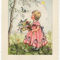 Deutschland Mädchen mit Blumenstrauß auf Wiese Künstlerkarte Ansichtskarte Postkarte