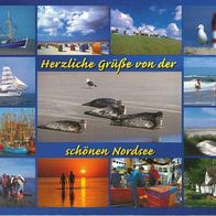 alte AK Grüße von der Nordsee 2005, Robben, Schiffe, Strand, Menschen