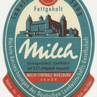ALT ! Etikett "Milch 3,4 %" Milch-Centrale Würzburg e.G.m.b.H. Unterfranken
