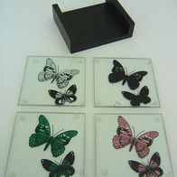 4 Stück Untersetzer aus Glas mit Schmetterlingen inkl. Halter OVP, Neu