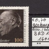 BRD / Bund 1992 25. Todestag von Konrad Adenauer MiNr. 1601 gestempelt -1-