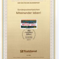 BRD / Bund 1994 Ausländer in Deutschland: Miteinander leben MiNr. 1725 ETB 10