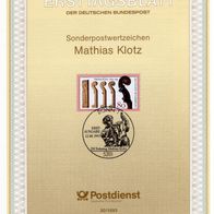 BRD / Bund 1993 250. Todestag von Mathias Klotz MiNr. 1688 ETB 30