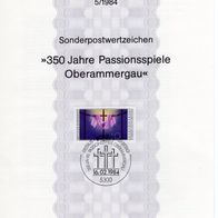 BRD / Bund 1984 350 Jahre Passionsspiele, Oberammergau MiNr. 1201 ETB 5