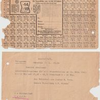 Reichsfettkarte 67 Jgd, 1944 Nazizeit Rückseitig mit einer Telegrammnachricht