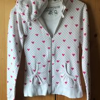 weiße Sweatjacke mit pinken Herzen Gr. XS (Gr. 32) - (3483)