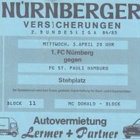 1. FC Nürnberg altes Ticket gegen FC St. Pauli Hamburg Saison 1984/1985