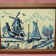 Gobelin-Bild blau / weiß, Windmühle und Schiffe , im Holzrahmen ca. 36 x 46,5 cm