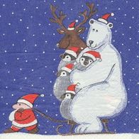 1 Serviette - Weihnachten - Christmas - Santa mit Bär - Rentier und Pinguine
