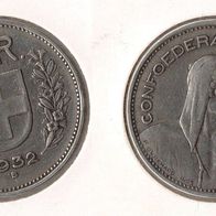 Schweiz 5 Franken 1932 B Silber