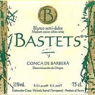 Etiqueta del vino Bastets Conca de Barberà Elab. Coop. Vinícola Sarral Tarragona