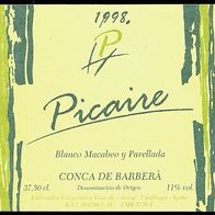 Etiqueta del vino 1998 Picaire Conca de Barberà Elab. Vinícola Sarral Tarragona