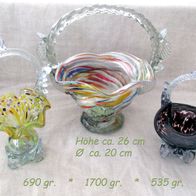 Henkelkorb aus dickem farbigen Glas mit Wellenrand * 3 Stk. Obstkorb Blumenkorb