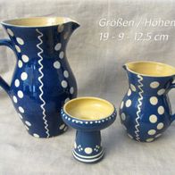 3er Set Keramik blau mit weißen Punkten * 2x Krug / Henkelkrug / Vase + Kerzenhalter