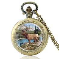 DHU-18 Taschenuhr, Halskette mit Uhr, Umhänge Uhr, mit Hirsch, deer, Damenuhr Unisex