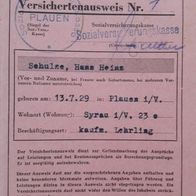 uralte Versichertenkarte / Dokument erstmals ausgestellt 1946 in Plauen/ Vogtland !