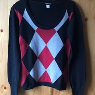 schwarz/ rot/ graukarierter Strickpullover Gr. 38 (4550)