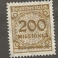 Briefmarke Deutsches Reich 1923 - 200 Millionen Mark - Michel Nr. 323 A ungest.