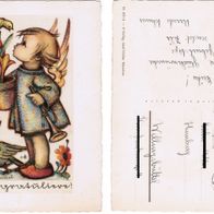 Postkarte Hummel, Mädchen, Trompete, Rabe, 4514