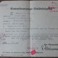 uralte Gewerbeanzeige- Bescheinigung Plauen/ Syrau im Vogtland / Sachsen aus 1943 !
