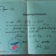uralte Empfangsbekenntnis - Bescheinigung Plauen/ Syrau im Vogtland-Sachsen aus 1942