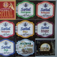 9 ältere Etiketten, Spitalbrauerei Regensburg, Bayern