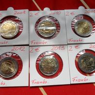 Frankreich 2008 + 10-13 6 x 2 Euro Gedenkmünzen bankfrisch