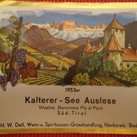 altes Flaschenetikett Kalterer-See Auslese von 1953