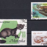 Marder, Martes, 3 Briefm., gest.: Mongolei, Madagaskar, Afghanistan