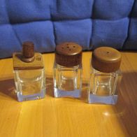 3 tl set Salzstreuer Pfefferstreuer senftöpfchen Glas/ Holz 70er jahre