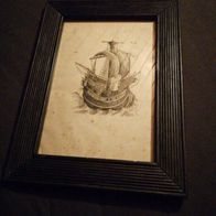 Sehr altes Bild, Kupferstich (?) Holzschnitt (?) der Hansekogge Rahmen 39,5 x 28,5