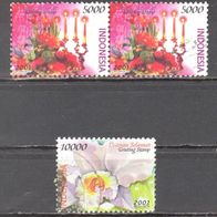 Indonesien, 2001, Blüten, Grüße, 3 Briefm., davon 1 Paar, gest