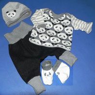 Handmade UNIKAT süßes Panda- BABY-SET 50 56 62 LA-Shirt Pumphose Mütze Schühchen