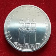 10 DM ark 800 Jahre Hafen und Hamburg von 1989, Prägestätte J, 625er Silber