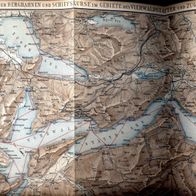 Original old print of Swiss LUZERN Lake area / ship & mountain rail routes 1900