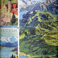Einsiedeln " Orig. Vogelschau Faltkarte mit Aquarellen Fotos und Touren 1928