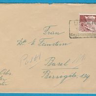 Brief Schweiz gel 1953 Uster- Basel. Brief mit Gebrachsspuren