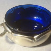 blaue Glasschale in versilbertem Metall mit Griff 60er Konfektschale Aufkleber: Zap.