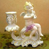 Porzellanfigur Kaiser Porzellan Engel mit Flöte und Kerzenhalter Golddekor