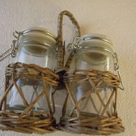 Menage Set 3tlg. Geflechtkörbchen mit 2 Bügel Gläsern für Senf Majo Chutney