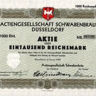 Actiengesellschaft Schwabenbräu Düsseldorf 1929 1000 RM