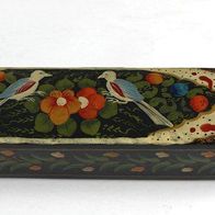 Wunderschöner uralter Griffelkasten aus lackiertem Pappmaschee mit Vogel- und Blumen