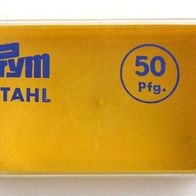 Prym Stahl kleine Kunststoff Dose gelb mit durchsichtigem Deckel 1960er Jahre