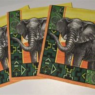 3 schöne Servietten mit großem Elefant vor Bergen, Sonne Serviettentechnik Mix Afrika